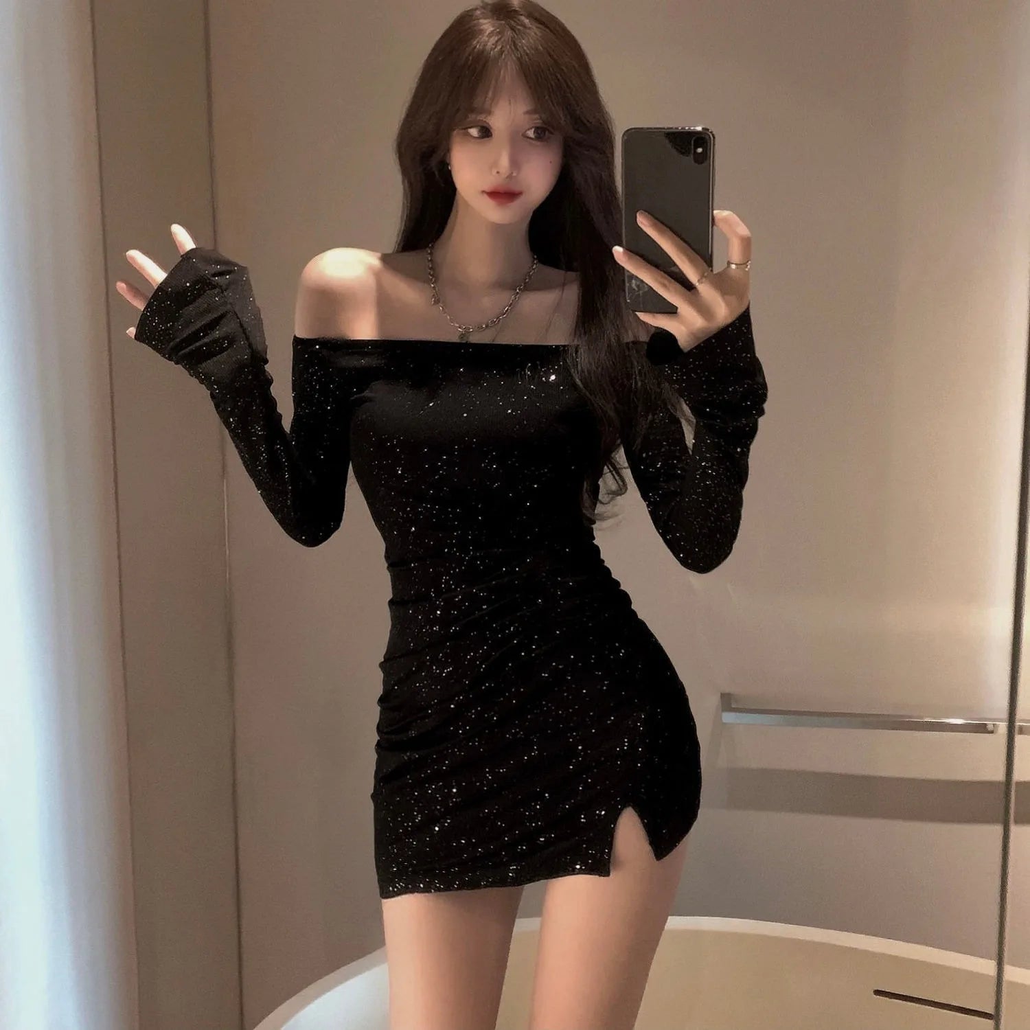 One-Shoulder Sequined Long Sleeve Sexy Pencil Skirt black