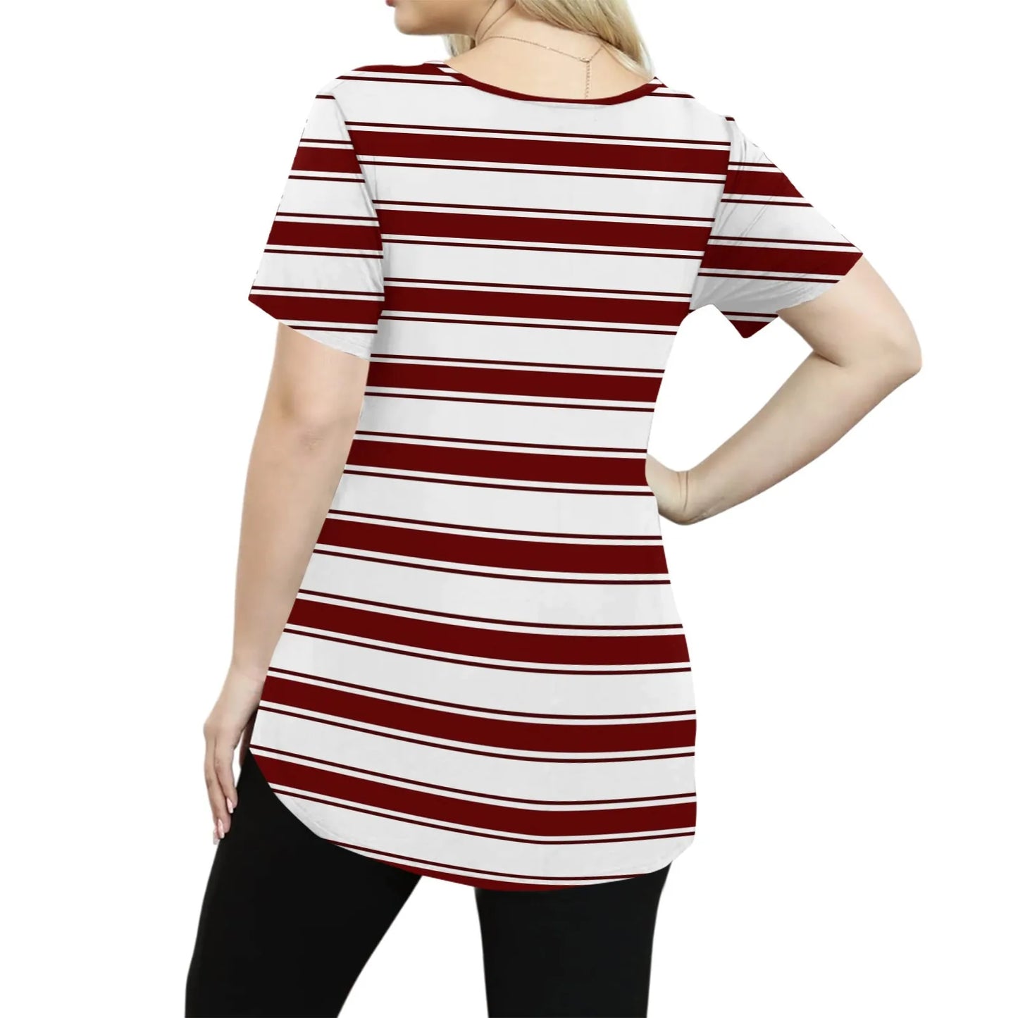 Plus Size Casual striped T-shirt For Women V neck short sleeves Loose Tops With Pocket Summer Daily Casual Plus Size Women's Top