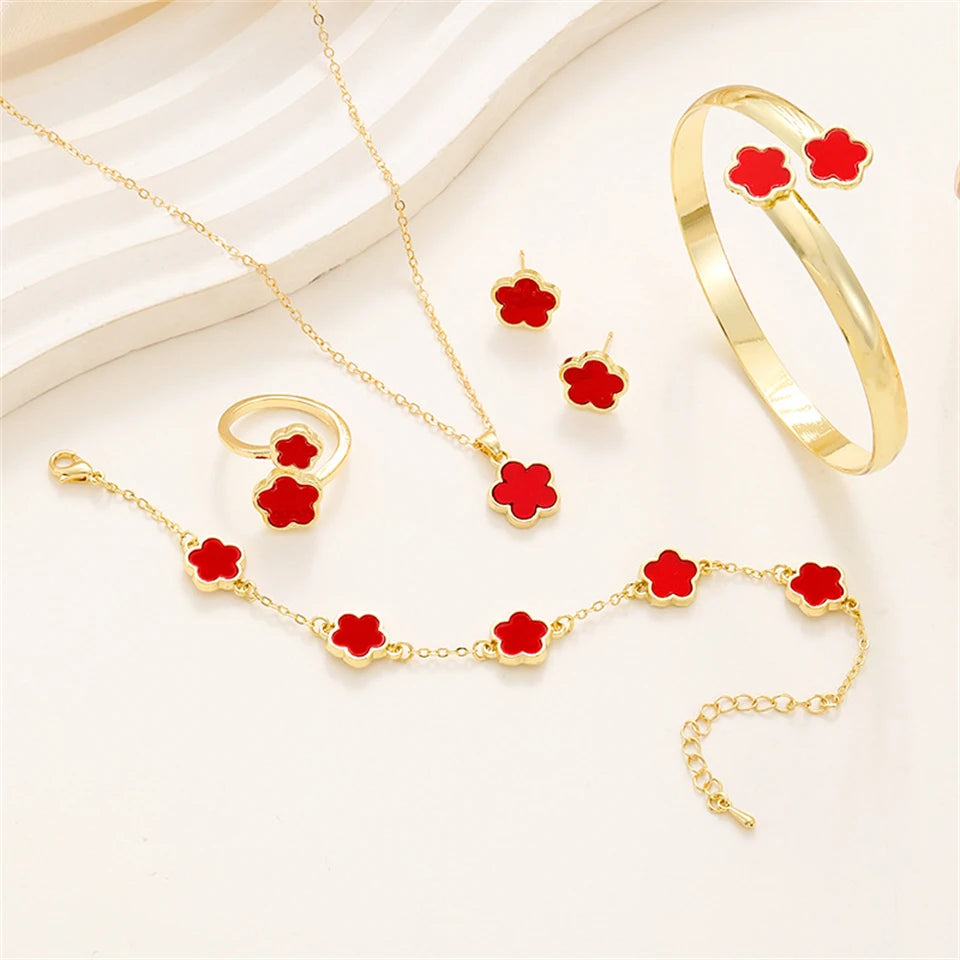 5pcs Lucky Five-petal Flower Women's Jewelry Set, Fashion Flower Bracelet + Necklace + Earrings + Bracelet + Ring Set, Birthday Badiee Stylez