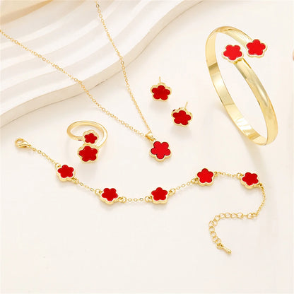 5pcs Lucky Five-petal Flower Women's Jewelry Set, Fashion Flower Bracelet + Necklace + Earrings + Bracelet + Ring Set, Birthday Badiee Stylez