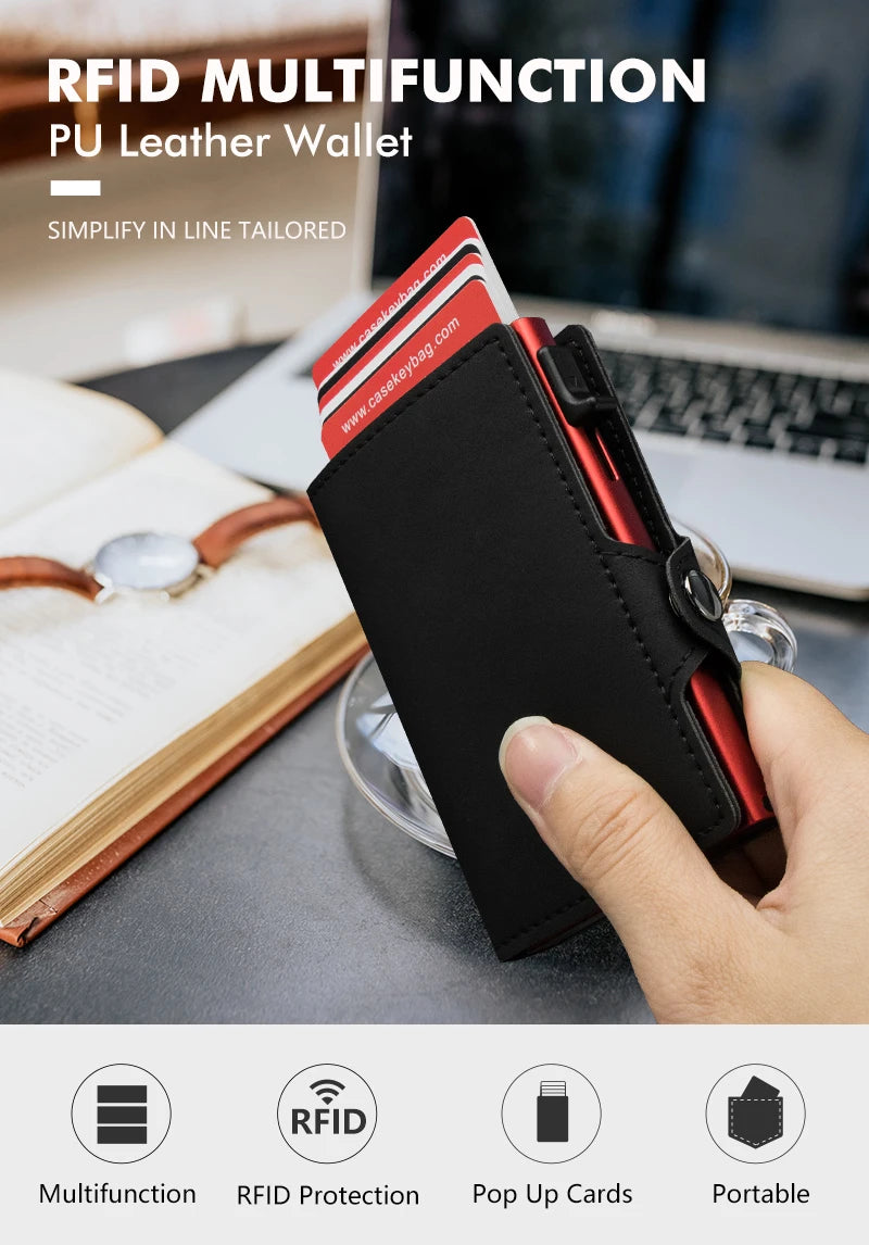 CASEKEY Pink Wallet Slim Minimalist Leather Pop UP Wallet Rfid Blocking Mini Aluminum Automatic Card Holder for Women Men