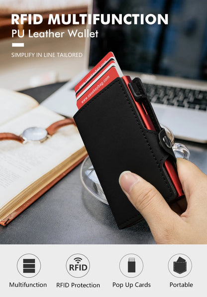 CASEKEY Pink Wallet Slim Minimalist Leather Pop UP Wallet Rfid Blocking Mini Aluminum Automatic Card Holder for Women Men