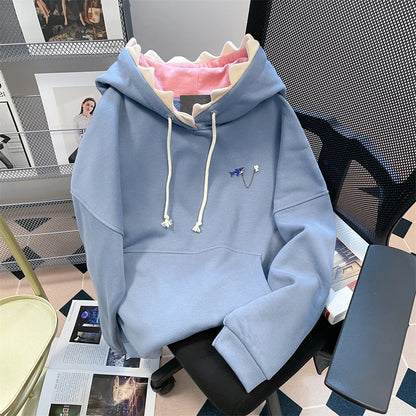 Hikigawa Chic Fashion Women Shark Hooded Sweatshirts Outerwear Autumn New Vintage Casual All Match Hoodies Coats Tosp Mujer Blue