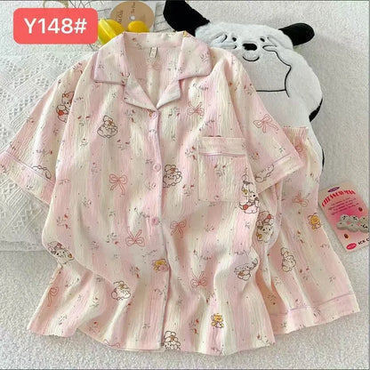 Cute Pink Cloud Cotton Spwear Bear Print Home Clothes Long Sve ort Sve Women's Comfortable Home Suit Summer Thin