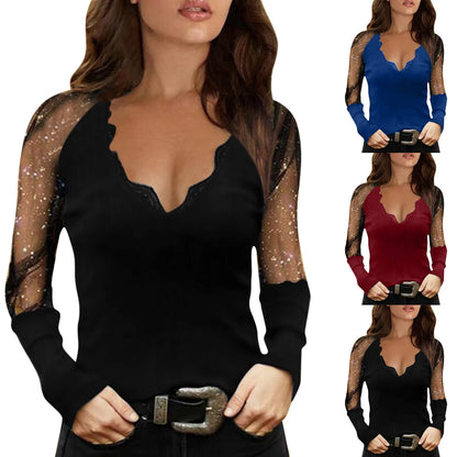 Elegant Mesh Blouse Women Slim Elastic V-neck Printed Lace Sexy Long Sleeve Top Fashion Streetwear Tops Blusas Mujer De Moda