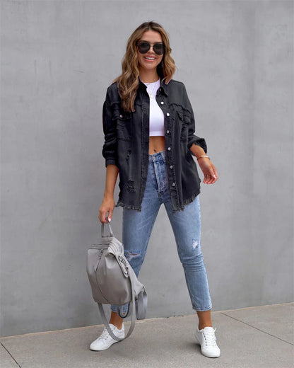 2025 Spring Autumn Shirt Style Denim Jacket Women Holes Raw-edges Jeancoat Casual Tops Female Oversize Loose Outerwear 7 Colors