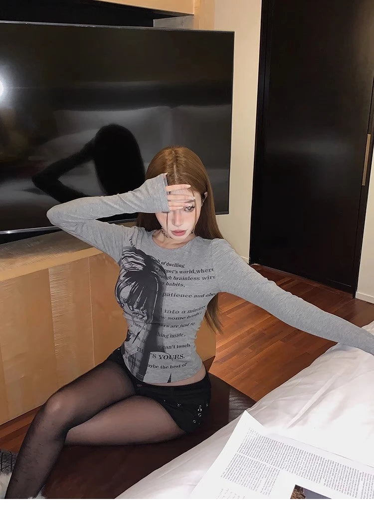 Vintage Women Y2K Clothes T-shirt Cotto Blusas O-neck Long Sleeve Tops Print Tunic Grunge Woman Clothing Fashion Casual Crop Top