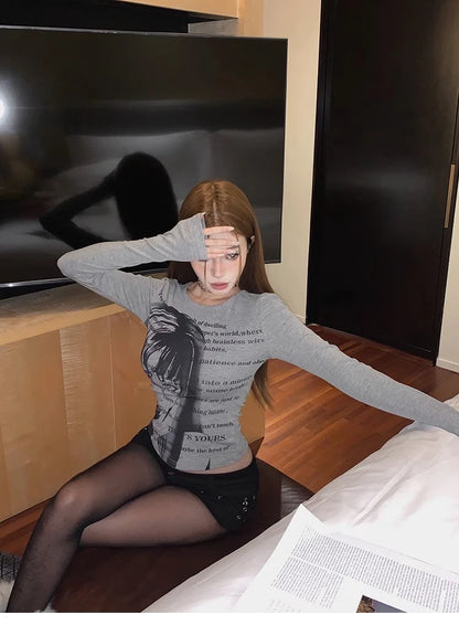 Vintage Women Y2K Clothes T-shirt Cotto Blusas O-neck Long Sleeve Tops Print Tunic Grunge Woman Clothing Fashion Casual Crop Top