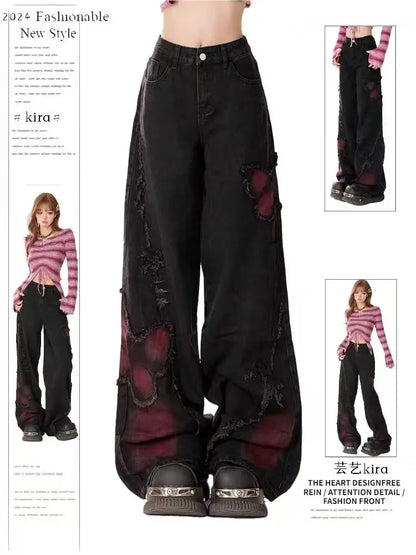 Women Clothing Black Gothic Jeans Pink Cross Y2k Oversize Loose Aesthetic Denim Trousers Harajuku Korean 2000s Jean Trashy Pants F