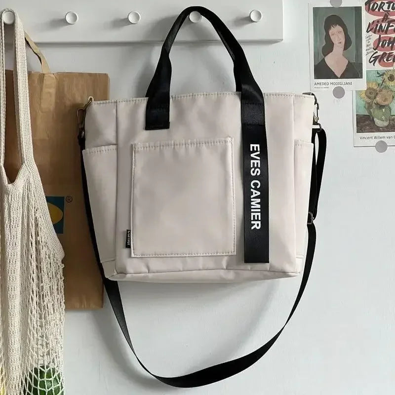 New Casual Tote Large Capacity Shoulder Bag Nylon Waterproof Canvas Handbag Simple Fashion Messenger Bags For Schoolgirl Beige