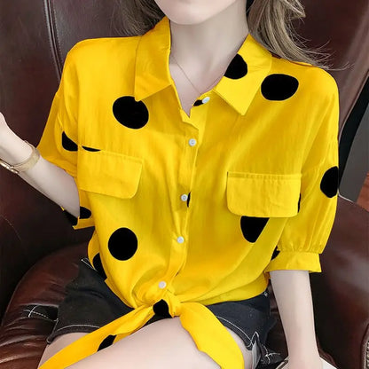 Fashion Lapel Loose Bandage Bow Polka Dot Shirt Women's Clothing 2025 Summer New Oversized Casual Tops Half Sleeve Korean Blouse