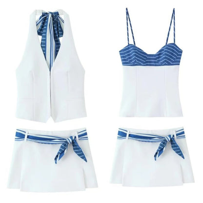 TRAFZA Sweet High Street Slim Lady Set Contrasting Colors Tops Or Belt Shorts 2025 Summer Fall Fashion Holiday Cute Shorts Set Badiee Stylez