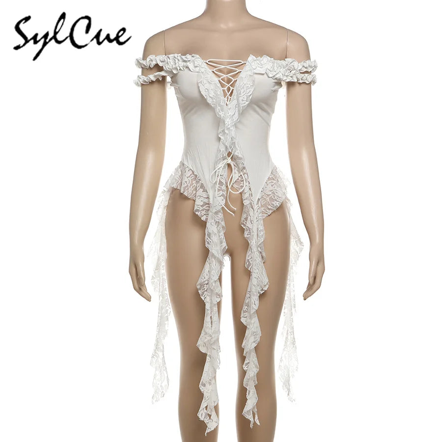 Sylcue Summer New Fashionable High Street Sweet Gentle Sexy Youth Girls Solid Color Shoulder Fringe Long Top