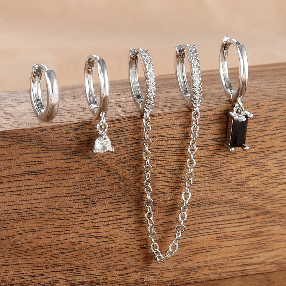 4PCS Exquisite Stainless Steel Long Chain Pendant Earrings Set for Woman Little Huggies Hoop Earrings Cartilage Piercing Jewelry silver-black-4pcs
