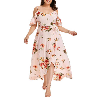 New Casual Fashion Printed Dress for Women Summer Flower Print Plus Size Dress Loose Fit Female Sling Dresses Pink