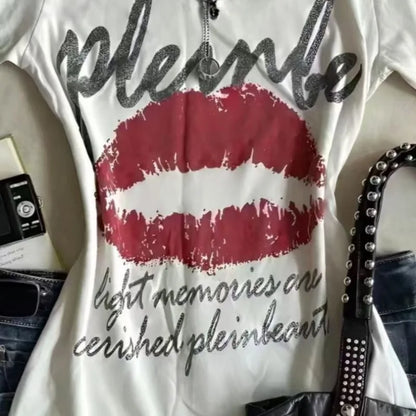 American Retro Sweetheart Red Lips Letter Print Slim Short-sleeved T-shirt Women Summer Fashion Street Hot Sexy Casual Top