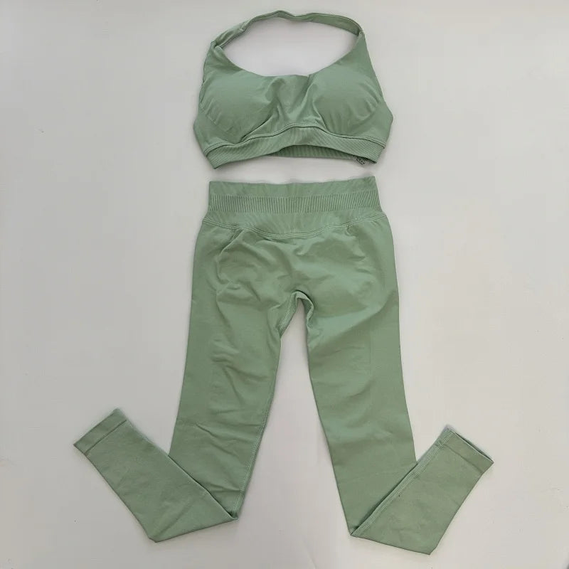 No Logo Yoga Legging Sets for Women Seamless Yoga Set Scrunch Butt Legging Set Workout Gym Suit with Halter Crop Top Badiee Stylez