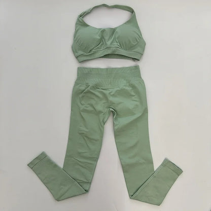 No Logo Yoga Legging Sets for Women Seamless Yoga Set Scrunch Butt Legging Set Workout Gym Suit with Halter Crop Top Badiee Stylez