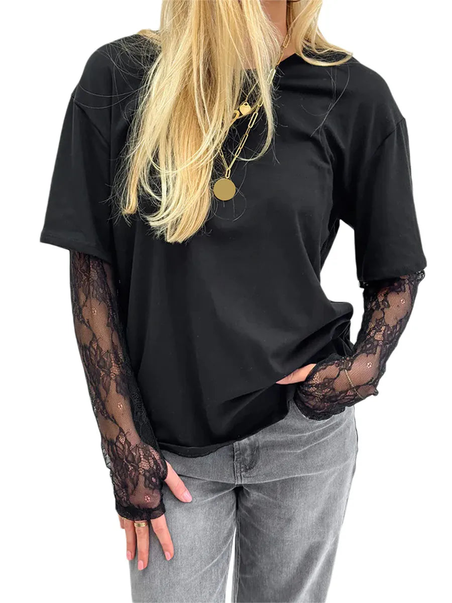 Women Round Neck T-Shirt Lace Long Sleeve Casual Shirts Spring Fall Loose Fit Tops Ladies Solid Color Tee for Streetwear Y2K 00s black