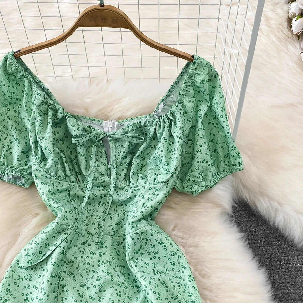 Summer Vintage Dress Blue Floral Summer Bubble Sleeve Tie Up Sexy Dresses Women A-line Print Split Long Dress Elegant Vestidos