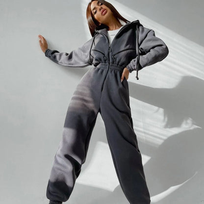Autumn Women's Monochrome Long-Sleeved Jumpsuit Solid Color Zip-up Sportswear Female Winter Casual Tracksuit Fashionable Hoodies Badiee Stylez