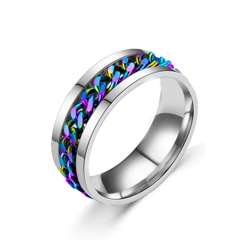 Fashion Women Chain Link Men's Rotatable Ring Stainless Steel Chain Link Men's Titanium Steel Corkscrew Ring Charm Jewelry Gifts Silver Colorful