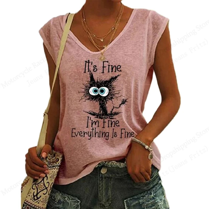 Summer New Women T-shirt Cute Cat 3d Fitness Tank Top Camisole Women Fashion V-Neck Short Sleeve T shirt Ladies Tops Tees Kawaii A3KF5A251914H