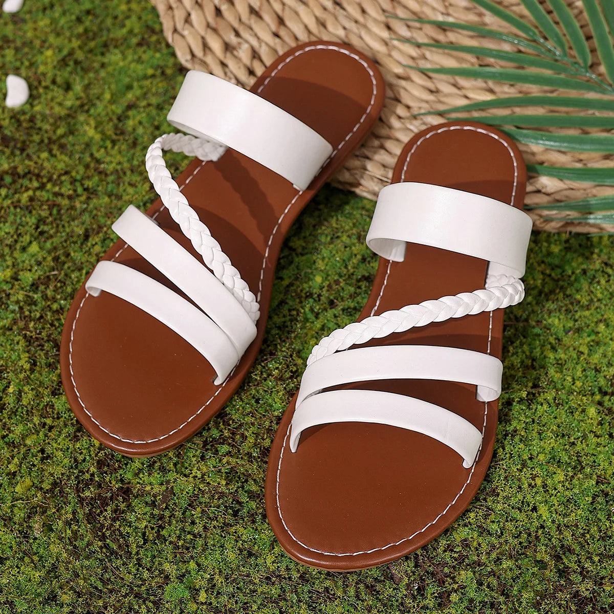 Women Sandals Summer Solid Colour Simple Ankle Strap Round Breathable Flat Bottom Roman Shoes Comfortable Women Beach Sandals