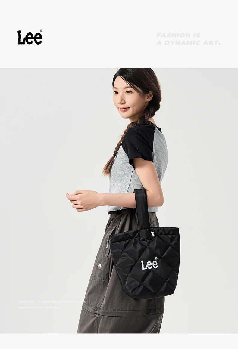 LEE Ladies Cute Design Puffer Bag Casual Soft Small Pink White Quilted Handbag Women Korean Style Down-filled Phone Bucket Bag