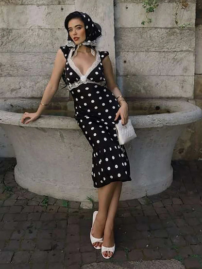 Polka Dot Ruched Dress Elegant Birthday Party Skinny Bodycon Sexy Backless Dress Women Flying Sleeve Lace Trim Applique