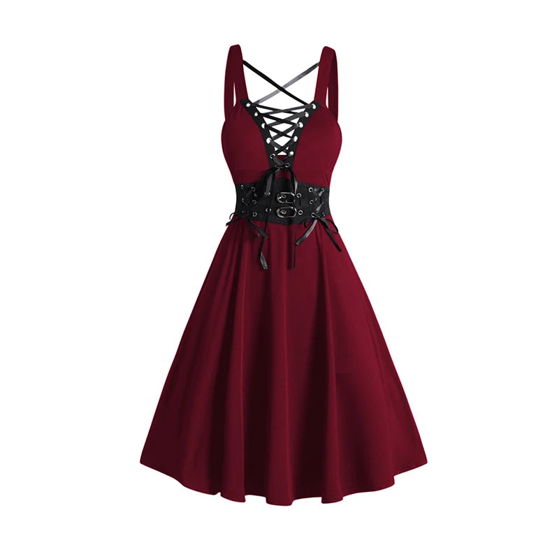2025 Womens Gothic Dresses Sets Solid Color Open Front Crop Jacket and Lace Up Buckle Strap Crisscross Dress Outfit Deep Red dress