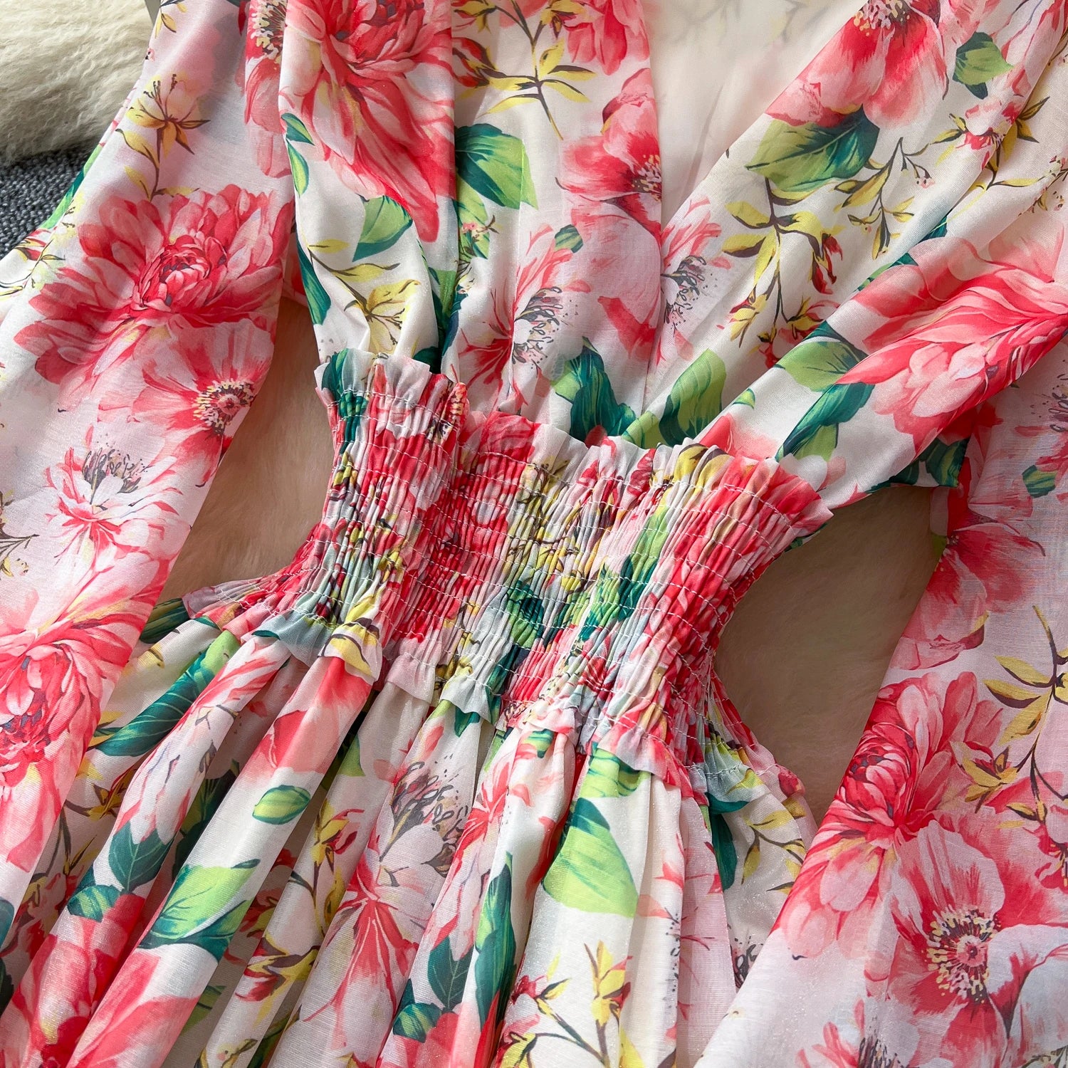 Chic vintage long sleeve lantern sleeve V-neck print pleated Elegant Fairy korean dress women clothing Long dress