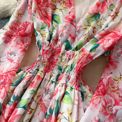 Chic vintage long sleeve lantern sleeve V-neck print pleated Elegant Fairy korean dress women clothing Long dress