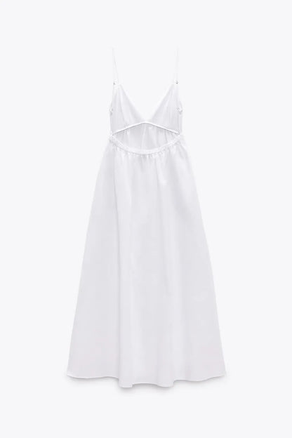 ZBZA Women's Backless Midi Dress Waistband V Neck Solid Pullover High Waisted Loose Fitting Camisole A-line Skirt New Chic Dress