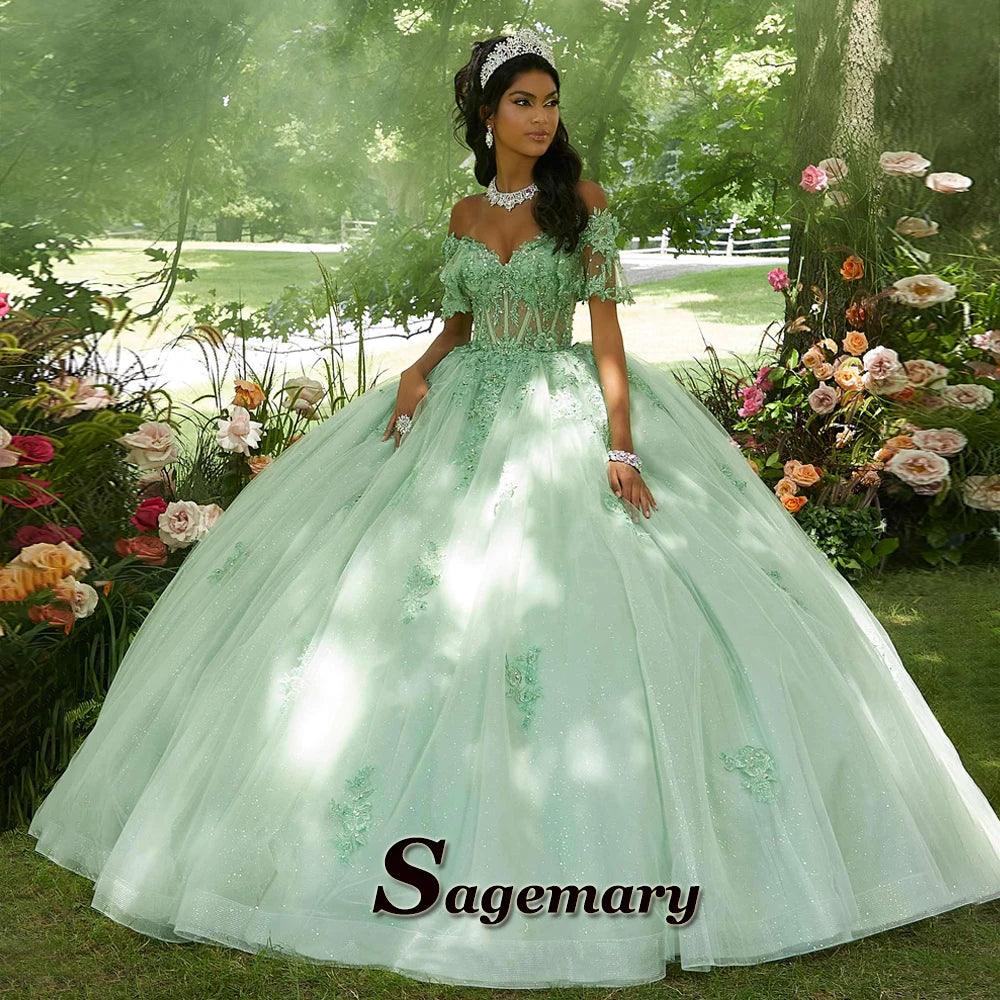 Sagemary Classic Sweetheart Quinceanera Dresses for Teens Lace Appliques Off the Shoulder Ball Gown Bow Lacing Up Customized Badiee Stylez