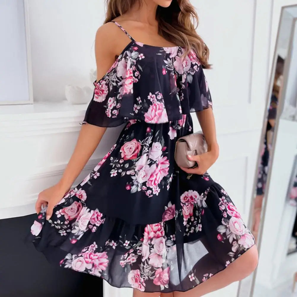 Trendy Mini Dress Flower Print Flounce Edge Colorful Above Knee Short Sleeve Women Dress Female Dress Spaghetti Strap Black