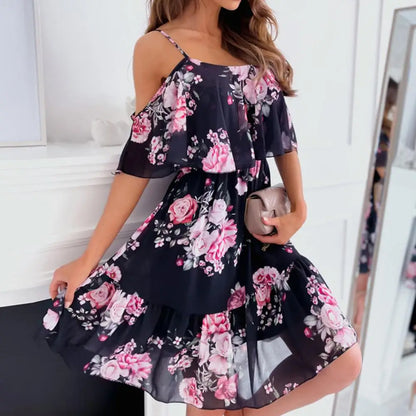 Trendy Mini Dress Flower Print Flounce Edge Colorful Above Knee Short Sleeve Women Dress Female Dress Spaghetti Strap Black