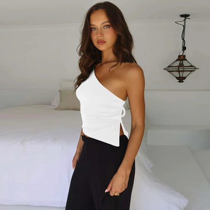 Sexy One Shoulder Off the Shoulder the Back Small Top 2024 Summer Solid Color Irregular Lace up Short Top