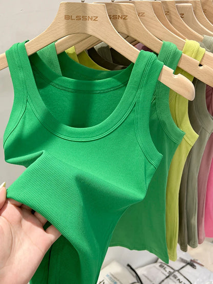 zjaiss Women Solid Round Neck Ribbed Tank Top Camisole Women 2025 Summer Basic Elastic Tank Top O Neck Solid Tank Top Grass green