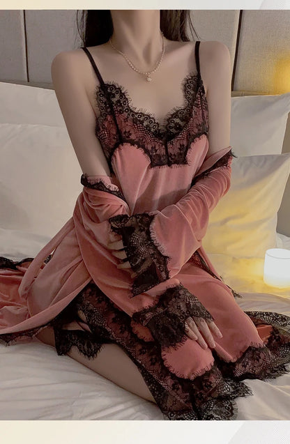 Women Warm Velour Homewear Long Kimono Robe Cami Sleepwear Burgundy Bathrobe Set Sexy Nightgown Winter Robe Suit Loungewear