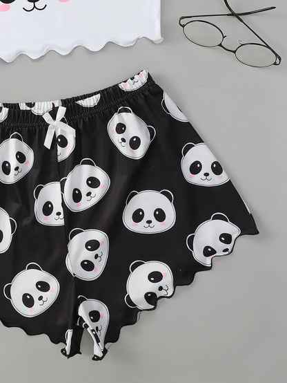 Women's 2pcs Cute Soft Comfy Cartoon Panda Print Sexy Sleepwear Sleeveless Shorts Homewear Pajama Set Loungewear
