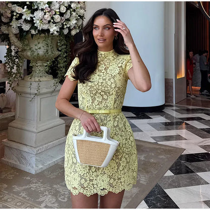 Women Fashion Yellow Lace Hollow Out Mini Dress Elegant Short Sleeve High Waist Bodycon Dresses Sexy Party Street Lady Vestidos