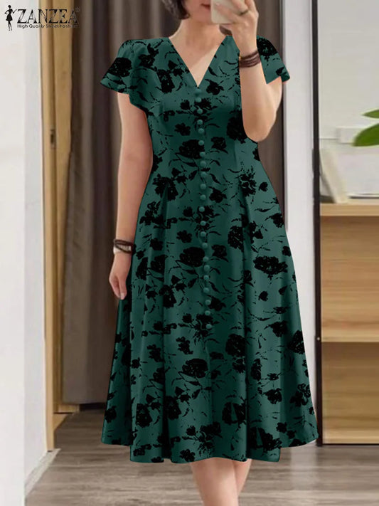 ZANZEA Woman Summer Dresses Ruffle Sleeve V-Neck Cinch Waist, Womens Elegant Floral Printing Party Commute A-Line Midi Sundress green