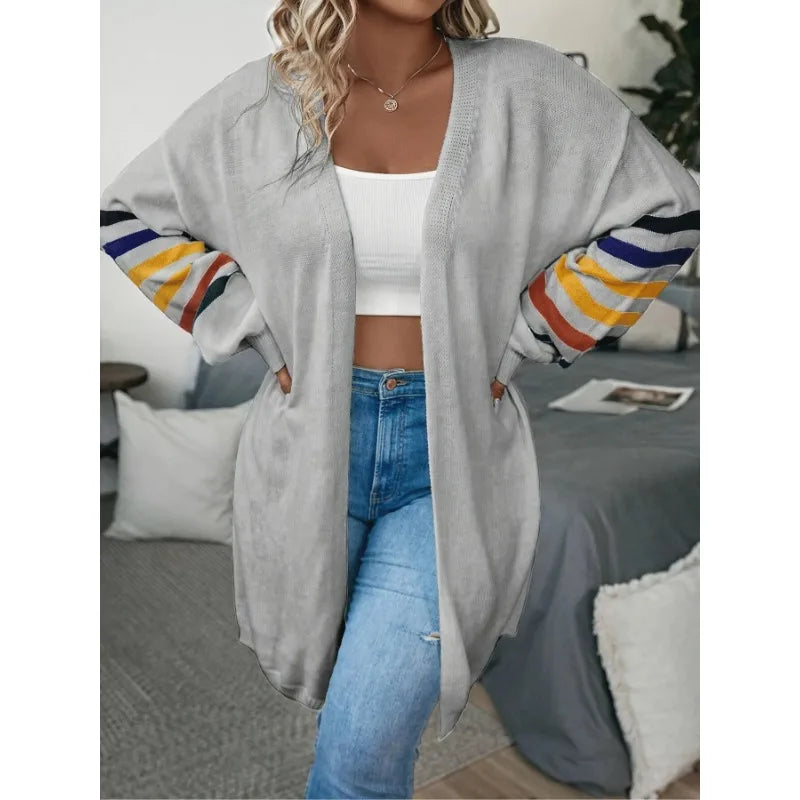 Plus Size Women's Fashionable Sleeve Striped Print Comfortable Elastic Hem Long Cardigan