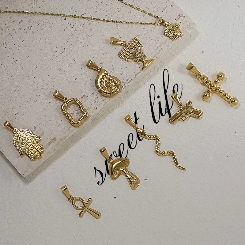 RHYSONG Geometric Stainless Steel 18K Gold Plated Snake Cross Palm Conch Mushroom Pistol Pendant For Women Diy Findings Jewelry