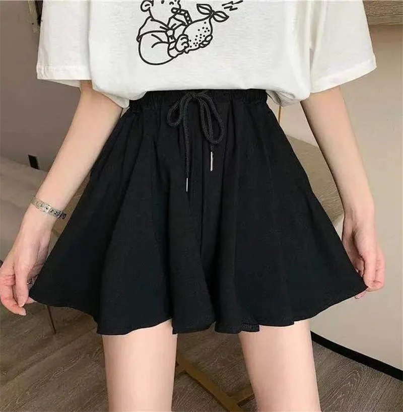 MEXZT 5Xl Summer Shorts Skirts Women Elastic High Waist Casual Wide Leg Shorts Korean A Line Loose Mini Skirt Black Short Pants