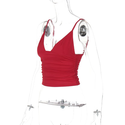 Hugcitar V Neck Solid Ruched Sexy Slim Y2K Crop Tank Top Summer Women Fashion Casual New Clothes Streetwear Beach Vacation