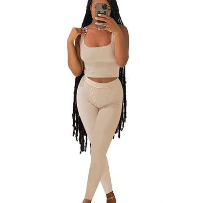 Lounge Wear Ribbed Casual 2 Piece Summer Shorts Set For Women Sleeve Top+Elastic Leggings Outfits Beige