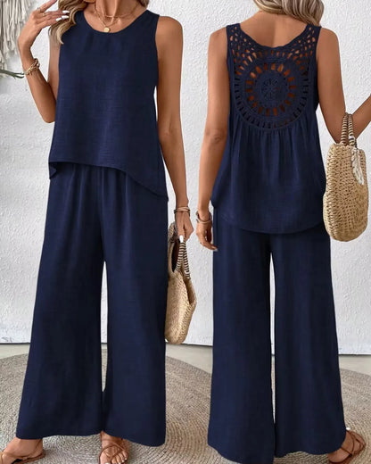 Hollow Out 2 Piece Sets Women Lace Sleeveless Top Wide Leg Pants Set Solid Color New Matching Sets 2 Piece Sets Women New 2024