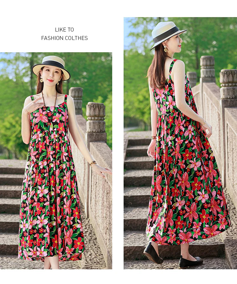 New Fashion Casual 2025 Summer Elegant Dresses For Women O-Neck Print Vintage Sleeveless Dress Loose Women Clothing